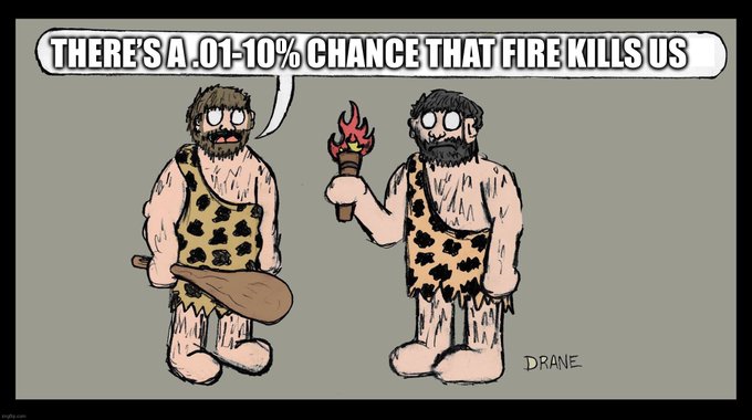 Two cavemen in leopard-print tunics stand together, with one holding a torch and the other holding a club, as the first declares "THERE'S A .01-10% CHANCE THAT FIRE KILLS US" in a speech bubble. The comic is signed "DRANE" in the bottom right corner.