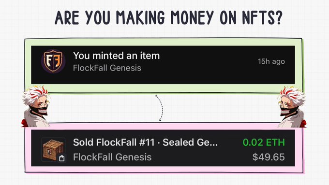 A graphic asking "ARE YOU MAKING MONEY ON NFTS?" showing a FlockFall Genesis NFT minted 15h ago and later sold for 0.02 ETH ($49.65).