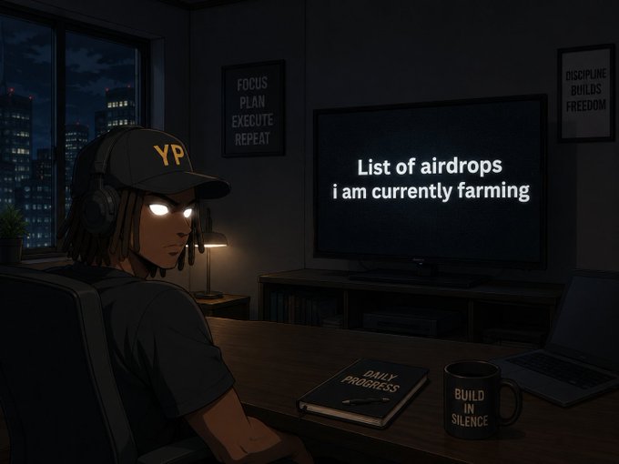An anime-style character wearing a "YP" cap and headphones sits in a dimly lit room facing a TV screen that reads "List of airdrops i am currently farming," with motivational posters ("Focus Plan Execute Repeat" and "Discipline Builds Freedom") and a "Daily Progress" notebook and "Build in Silence" mug on the desk, visually representing the crypto airdrop farming list shared in the post.