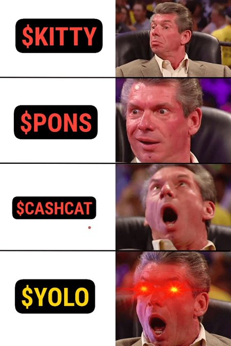 Meme showing Vince McMahon's reactions to meme coins, with progressively intense expressions for '$KITTY,' '$PONS,' '$CASHCAT,' and finally laser-eyed rage for '$YOLO.'