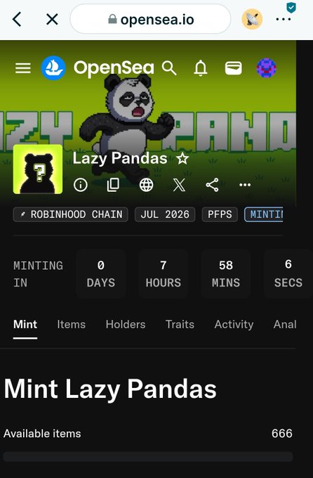 This image captures the OpenSea page for the 'Lazy Pandas' collection on the Robinhood Chain, featuring a countdown timer for minting that reads 7 hours and 58 minutes remaining and lists 666 available items.