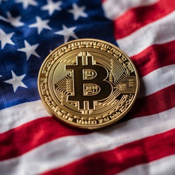 A gold-colored physical Bitcoin token resting on an American flag.