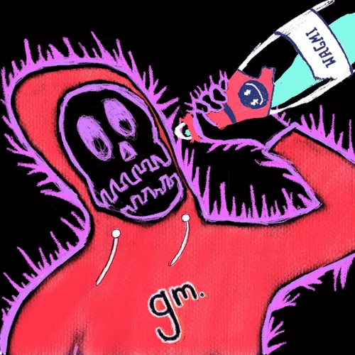 A stylized digital artwork depicts a pink and purple furry creature with a skull face wearing a red "9m." jersey, holding up a megaphone labeled "NGHT."