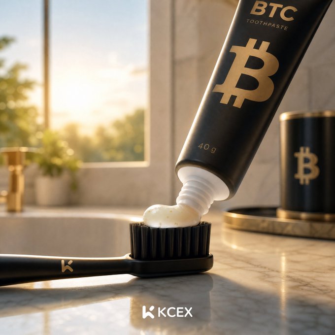 A product image shows 'BTC TOOTHPASTE' being squeezed onto a black toothbrush, with the KCEX logo at the bottom.