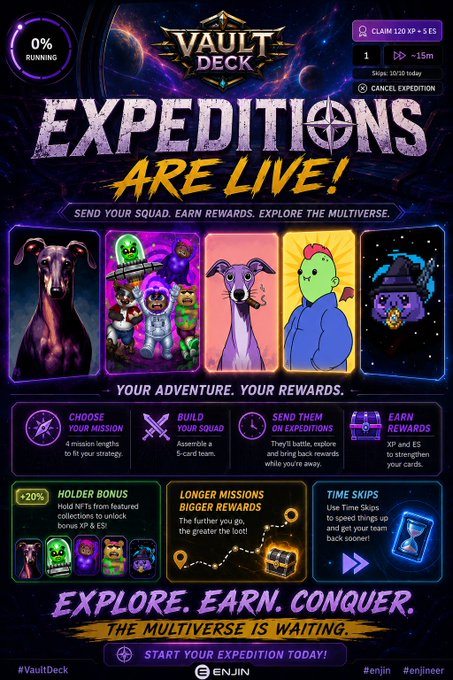 Enjin advertisement announcing that Vault Deck Expeditions are now live, featuring colorful NFT character artwork with the headline "EXPEDITIONS ARE LIVE!" and details showing "0% RUNNING" status, "CLAIM 120 XP + 5 ES" rewards, a "10:58 today" skip time, and a "START YOUR EXPEDITION TODAY!" call-to-action alongside hashtags #VaultDeck, #enjin, and #enjineer.
