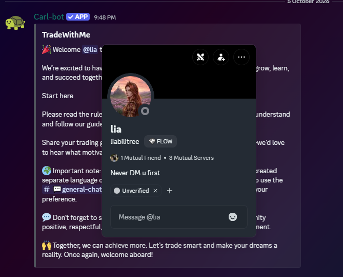 A Discord screenshot showing a TradeWithMe welcome message from Carl-bot and a user profile pop-up for 'lia' with a flower field avatar, displaying '1 Mutual Friend • 3 Mutual Servers'.