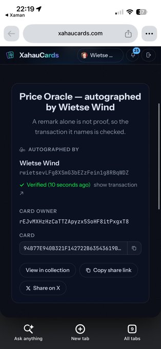 A mobile screenshot from xahaucards.com showing a 'Price Oracle — autographed by Wietse Wind' verification page with blockchain transaction details.