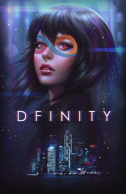 A digital artwork titled 'DFINITY' shows a woman with short dark hair and glowing red eyes above a futuristic nighttime city skyline.