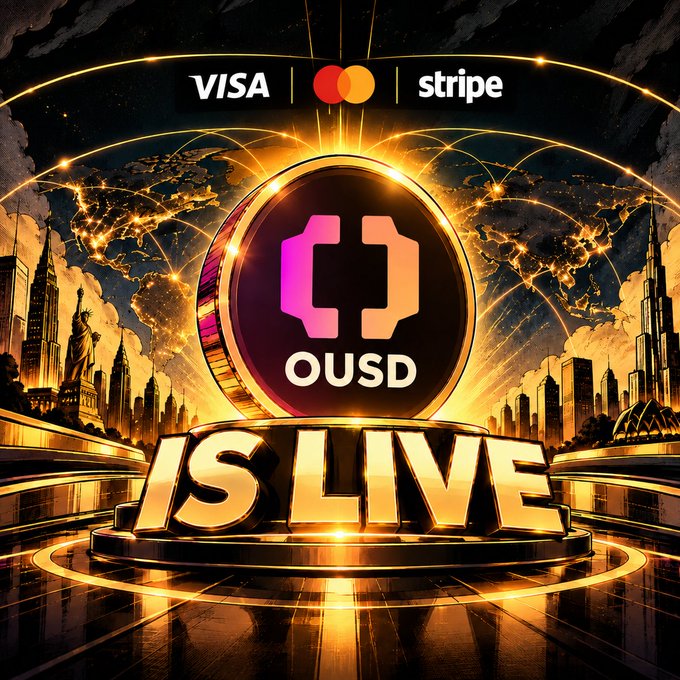 Promotional graphic reading "OUSD IS LIVE" with Visa and Mastercard logos, set against a glowing cityscape with the Statue of Liberty.