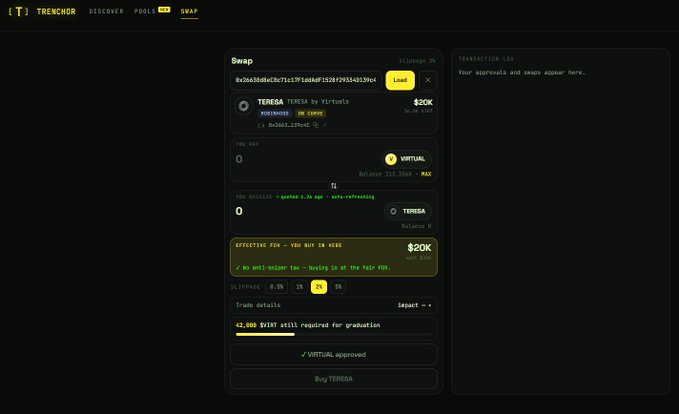 A dark-themed cryptocurrency swap interface on Trenchor showing the exchange of TERESA tokens with VIRTUAL currency, displaying balances and slippage settings.