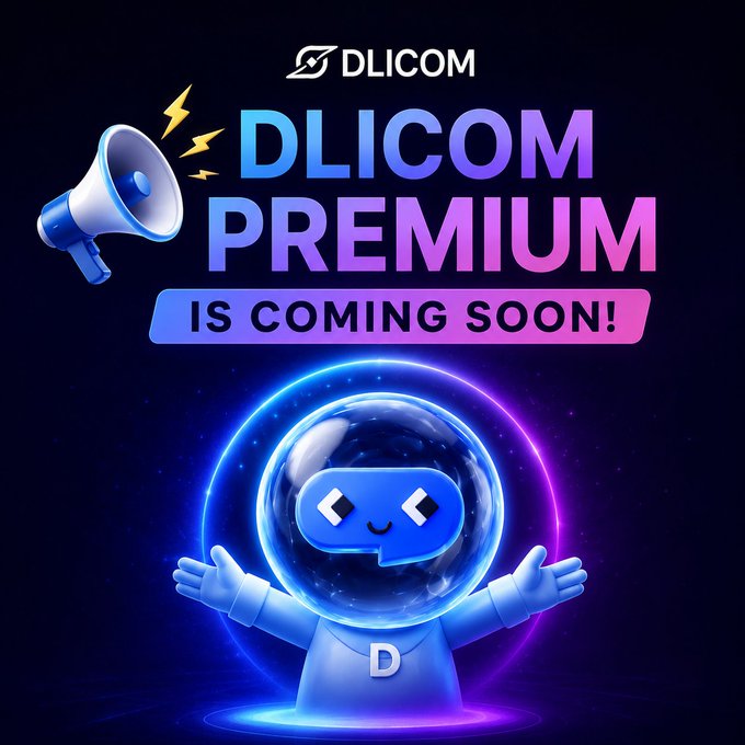 A promotional graphic for 'DLICOM' announces 'DLICOM PREMIUM IS COMING SOON!' alongside a 3D rendered character with a VR headset and a megaphone icon.