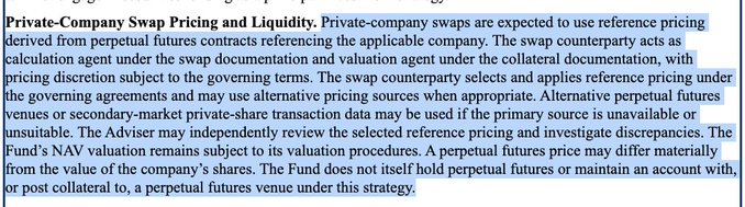 A document excerpt titled 'Private-Company Swap Pricing and Liquidity.' detailing how private-company swaps use reference pricing derived from perpetual futures contracts.