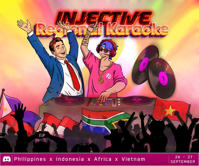 A colorful promotional poster for 'INJECTIVE Regional Karaoke' featuring two illustrated DJs and flags of the Philippines, Indonesia, Africa, and Vietnam, with text indicating dates '26 - 27 SEPTEMBER'.