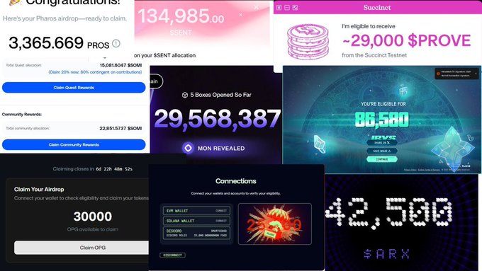 The image is a collage of cryptocurrency airdrop claim dashboards from projects including Pharos (3,365.669 PROS), Succinct (~29,000 $PROVE), and Somnia (29,568,387 MON REVEALED), along with other interfaces showing claim eligibility and wallet connection steps. It directly supports the post's claim that having a single Discord role on projects like Pharos, Succinct, Eclipse, Somnia, Arcium, Boundless, and Fogo Chain yielded airdrops worth over $1,000, with the displayed claim amounts (such as Succinct's ~29,000 $PROVE and Somnia's 29.5M MON) illustrating the substantial value earned by eligible community members.
