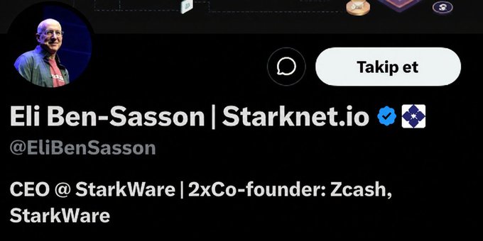 A Twitter/X profile for Eli Ben-Sasson (@EliBenSasson), CEO @ StarkWare and 2x Co-founder of Zcash and StarkWare, affiliated with Starknet.io.