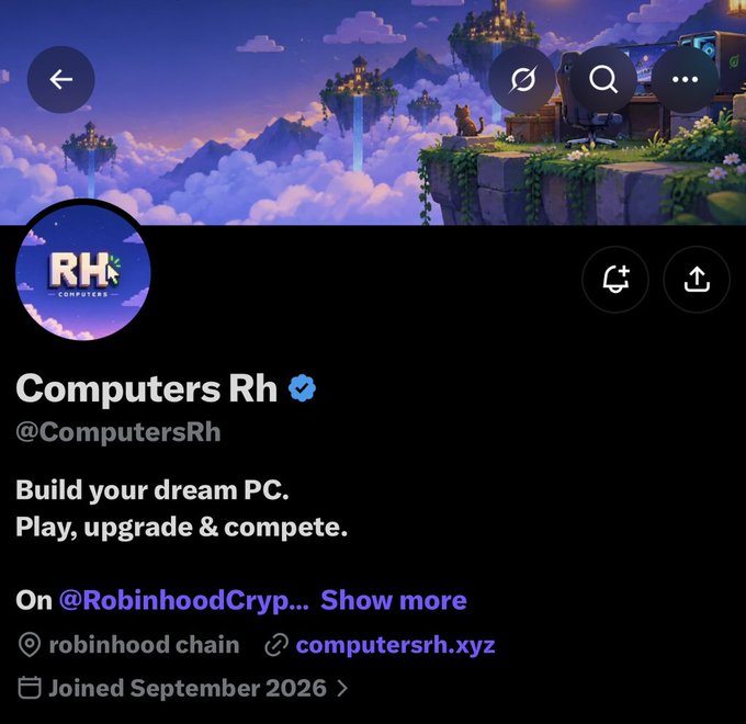 A social media profile page for 'Computers Rh' (@ComputersRh) with the tagline 'Build your dream PC. Play, upgrade & compete.' and links to @RobinhoodCryp and computersrh.xyz.
