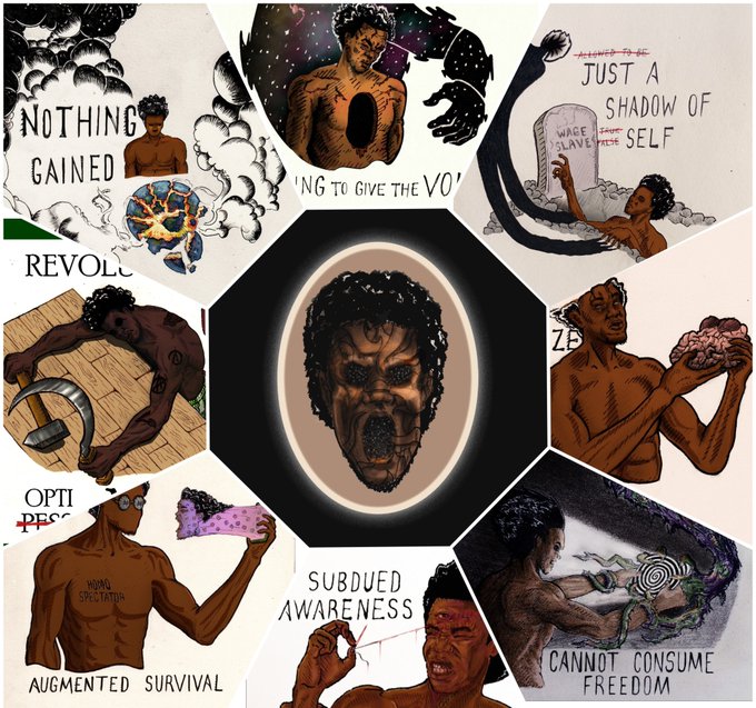 A collage of illustrated panels surrounding a central screaming figure, with text including 'NOTHING GAINED', 'REVOLUTION', 'JUST A SHADOW OF SELF', 'WAKE SLAVE', 'SUBDUED AWARENESS', 'ZER0', 'OPTIMISTIC PESSIMISM', 'AUGMENTED SURVIVAL', and 'CANNOT CONSUME FREEDOM'.