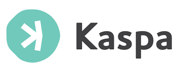 The Kaspa cryptocurrency logo, featuring a teal oval with a stylized white 'K' symbol next to the word 'Kaspa' in dark gray text on a white background.