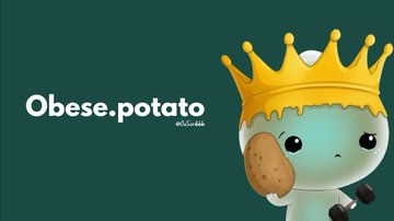 The image features a cartoon character, possibly a small green monster or a cute little robot, wearing a crown and holding a piece of food (likely a potato) with one hand while using another hand to hold onto a dumbbell. The background is a solid color that contrasts with the bright colors of the cartoon character's outfit and the food item. The caption below the image reads "Obese. Potato", which seems to be a reference to the post about dieting or healthy eating habits, as indicated by the text in the image.