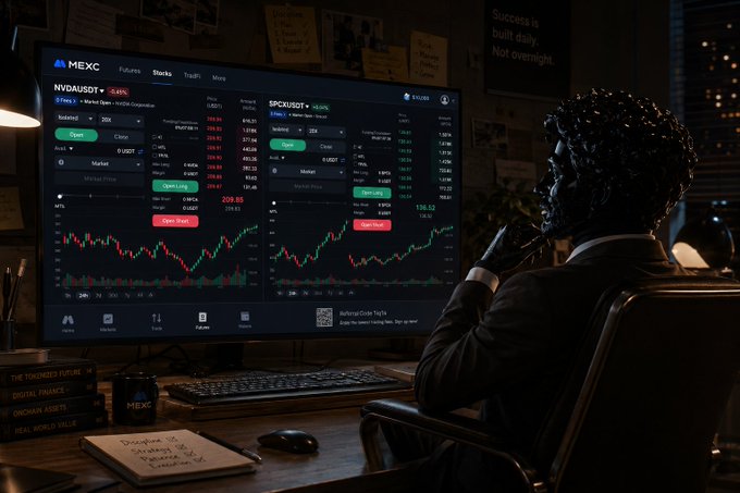A black-and-white statue of a man in a suit sits at a desk looking at multiple computer monitors displaying cryptocurrency trading charts for NYX/AUDT and SPCK/USDT on the MEXC exchange.