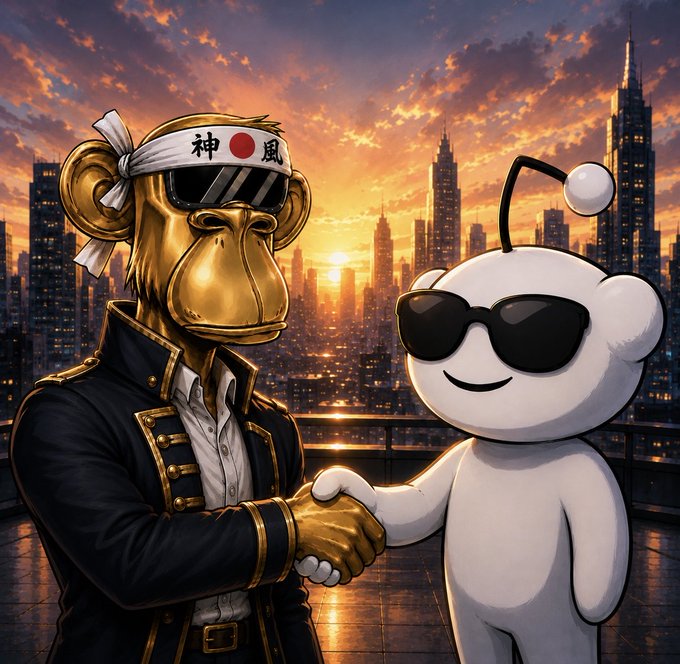 The image shows a golden monkey wearing a headband with "神風" (Kamikaze) text and dark sunglasses shaking hands with a white Reddit alien mascot, also wearing sunglasses, against a sunset cityscape backdrop—symbolizing a partnership or agreement between the two platforms, fitting the post's theme of a giveaway promotion encouraging user interaction.