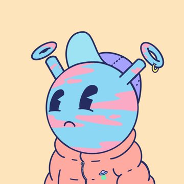 A digital illustration of a blue and pink planet-headed character wearing a pink puffer jacket, featuring a small planet pin on the jacket and metallic halo-like ornaments on the head.