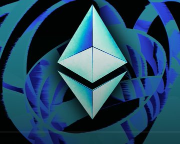 The image features a close-up view of an ether (ETH) logo, which resembles a blue triangle with a white center. The logo is prominently displayed against a black background that has a digital wave pattern. Above this, there's text from a post that says "Strategy's recent bitcoin sale to benefit ether? Standard Chartered Bank's Geoffrey Kendrick thinks so." This suggests that the Ether logo might be related to cryptocurrency discussions or transactions happening on Twitter at that time. The caption indicates that the number of ETH tokens sold was relatively small compared to Bitcoin (32 BTC).