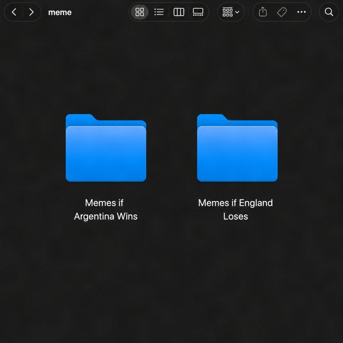 A Mac Finder window shows two empty folders labeled "Memes if Argentina Wins" and "Memes if England Loses," humorously implying that the user has prepared for the latter scenario — fittingly matching the Argentine rallying cry "vamos."