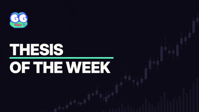 A promotional banner reading "THESIS OF THE WEEK" featuring a cartoon frog mascot and a purple candlestick chart on a dark background, designed to announce a weekly trading thesis writing competition with a $1,000 prize.