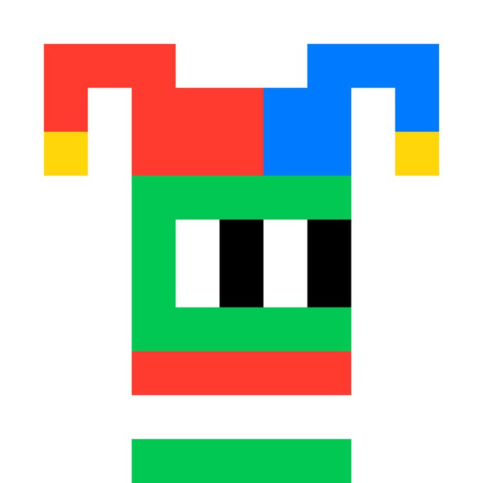 A simple geometric pixel-art figure with a red, blue, and green blocky body, yellow accents on its arms, and black-and-white rectangular eyes.
