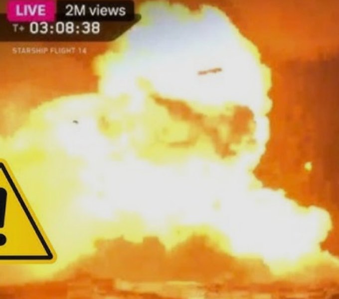 A live stream capture labeled 'STARSHIP FLIGHT 14' showing a rocket explosion with a 'LIVE' tag, '2M views' counter, and a timer reading 'T+ 03:08:38'.