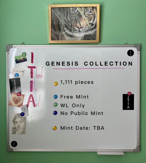 A promotional image for the “GENESIS COLLECTION” shows a framed ITIA Genesis board announcing “1,111 pieces,” “Free Mint,” “WL Only,” “No Public Mint,” and “Mint Date: TBA,” with Ethereum/OpenSea WL details highlighted. The board also displays the ITIA name and a cat portrait above it.
