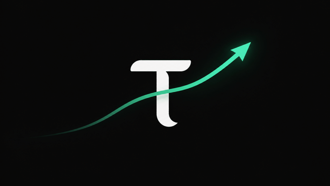A white letter 'T' logo is displayed on a black background with a glowing green curved arrow shooting upward through it.
