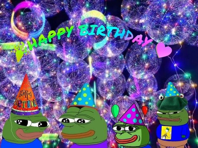 A 'Happy Birthday' graphic featuring four cartoon frogs (Sad Pepe and variations) wearing party hats, set against a colorful background with glowing disco balls.