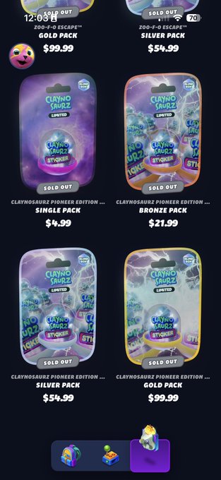 A screenshot of Digitoys showing sold-out Claynosaurz Pioneer Edition sticker gachapon packs, including a $4.99 Single Pack, $21.99 Bronze Pack, $54.99 Silver Pack, and $99.99 Gold Pack, along with a 12:03 Gold Pack and $54.99 Silver Pack. The image relates to the post about opening gachapon-style sticker packs, with the user's best pull being a Logo Holofoil Tyson.