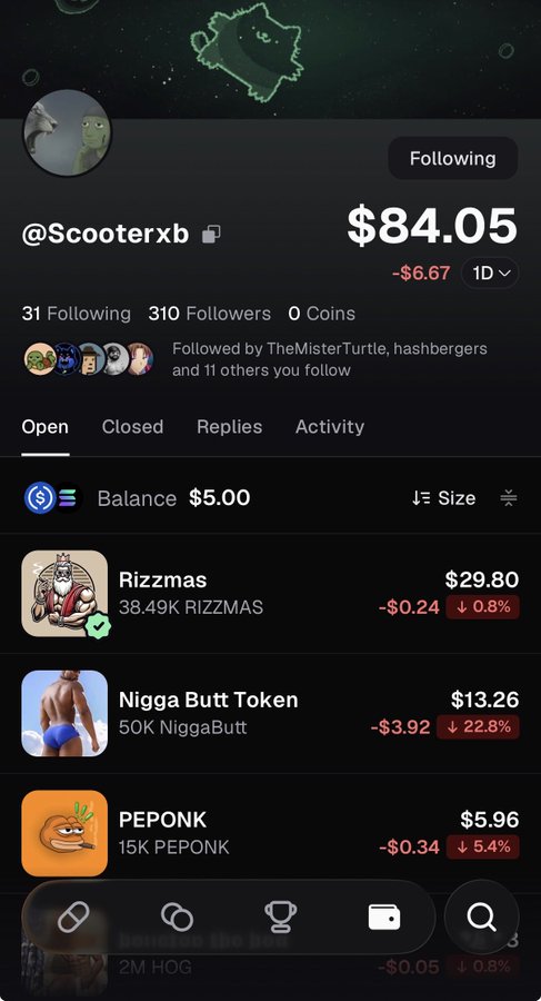 A Polymarket portfolio for user @Scooterxb showing a balance of $84.05 with holdings in Rizzmas ($29.80), Nigga Butt Token ($13.26), and PEPONK ($5.96).