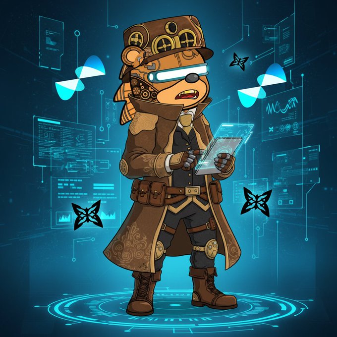 A cartoon bear character wearing a brown robe, hat with an odd shape, goggles or glasses, and holding up something that resembles a tablet device or phone. There are three butterflies fluttering near the bear, adding a touch of whimsy to the scene. The image also features a quote at the bottom which reads "Good quip morning crew Back diving into the test phase on @quipnetwork today Quantum wallet onboarding feels even smoother than yesterday Shared some fresh ideas and got solid replies fast Mindshare leaderboard is pushing me to stay consistent Really enjoying the ride".