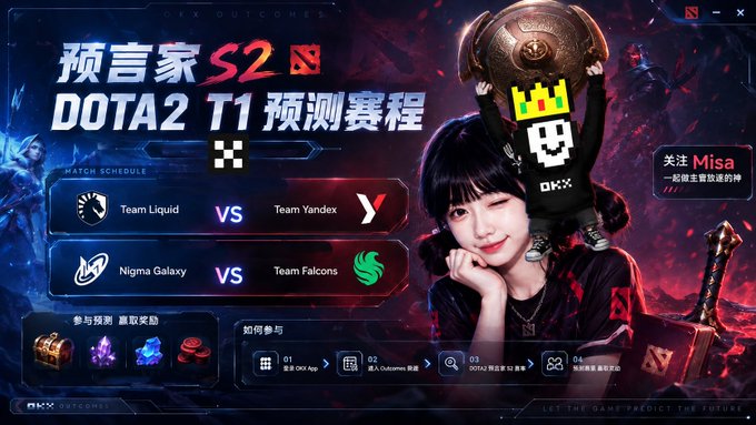 A Chinese promotional banner for a DOTA2 T1 prediction tournament ('预言家S2 DOTA2 T1预测赛程') featuring matchups Team Liquid vs Team Yandex and Nigma Galaxy vs Team Falcons, alongside an image of a young woman holding the Aegis of Champions trophy.