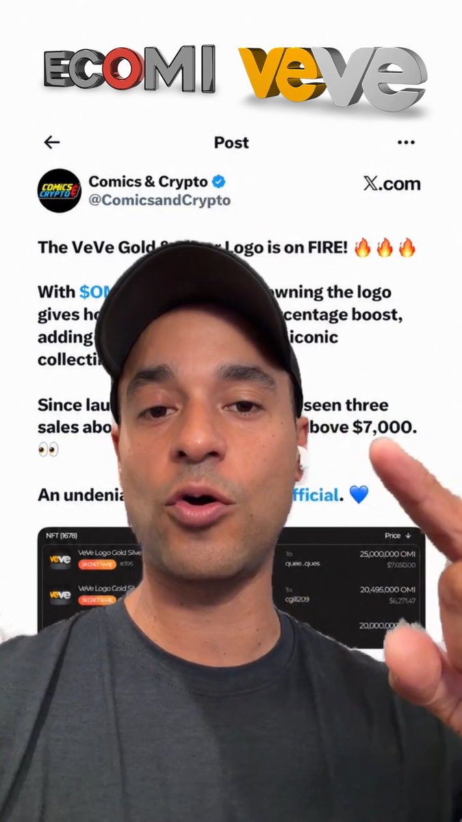 A man wearing a black cap speaks to the camera while pointing to the side, with logos for 'ECOMI' and 'veve' above, and a screenshot of a tweet from 'Comics & Crypto @ComicsandCrypto' about 'VeVe Gold S' NFTs displayed behind him.