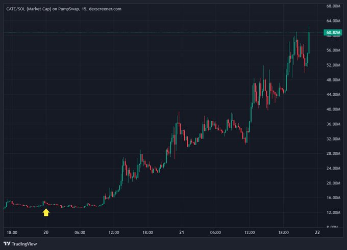 The image shows a TradingView candlestick chart titled "CATE/SOL (Market Cap) on PumpSwap, 15" displaying CATE's price action climbing from around 12M to a new all-time high of 60.82M. The chart illustrates the bullish momentum referenced in the post's celebration of CATE's ATH, with the market cap approaching the 100M target the poster predicted.