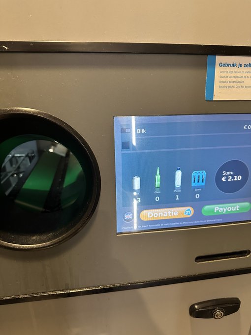 The image shows a recycling machine screen displaying a total of €2.10 accumulated from recycling 13 cans and 1 plastic bottle, with options to donate or get a payout. This relates to the post about putting all money from recycling directly into $ETH, questioning the nature of a bear market.