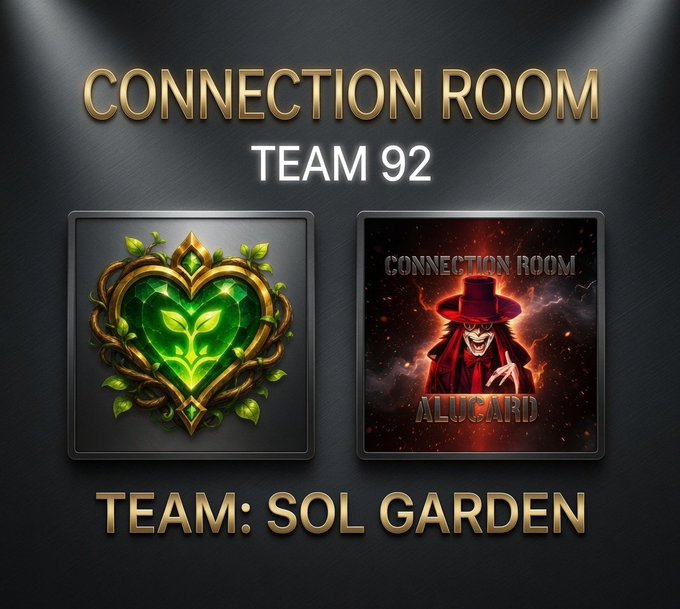 A graphic titled 'CONNECTION ROOM' for 'TEAM 92' displays the 'TEAM: SOL GARDEN' name below two icons: a green heart emblem and a red-toned 'CONNECTION ROOM ALUCARD' vampire character.