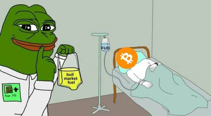 A Pepe the Frog dressed as "Pepe_MD" feeds "bull market fuel" via IV while Bitcoin lies hospitalized on a FUD drip, satirizing how bearish fear, uncertainty, and doubt are being treated so BTC can recover—tying into the post about the US Strategic Bitcoin Reserve holding 328,372 BTC ($25B) and fueling bullish sentiment.