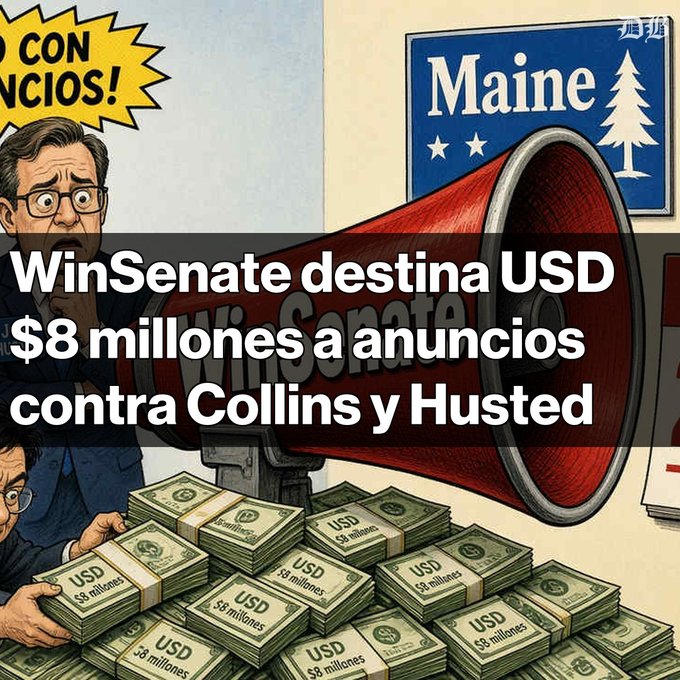 An illustration showing stacks of money labeled 'USD $8 millones' with text overlay reading 'WinSenate destina USD $8 millones a anuncios contra Collins y Husted' and a 'Maine' sign with stars and a pine tree.