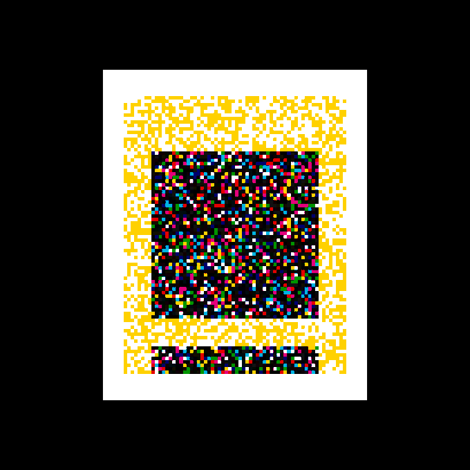 An abstract composition features a central black square filled with multicolored pixels framed by a border of yellow and white pixelated patterns.