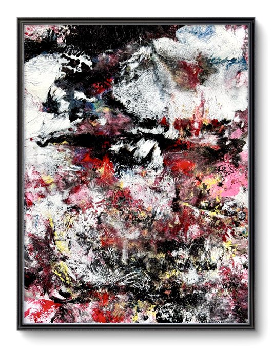 A framed abstract expressionist painting featuring thick textured brushstrokes in shades of black, white, red, pink, yellow, and blue.