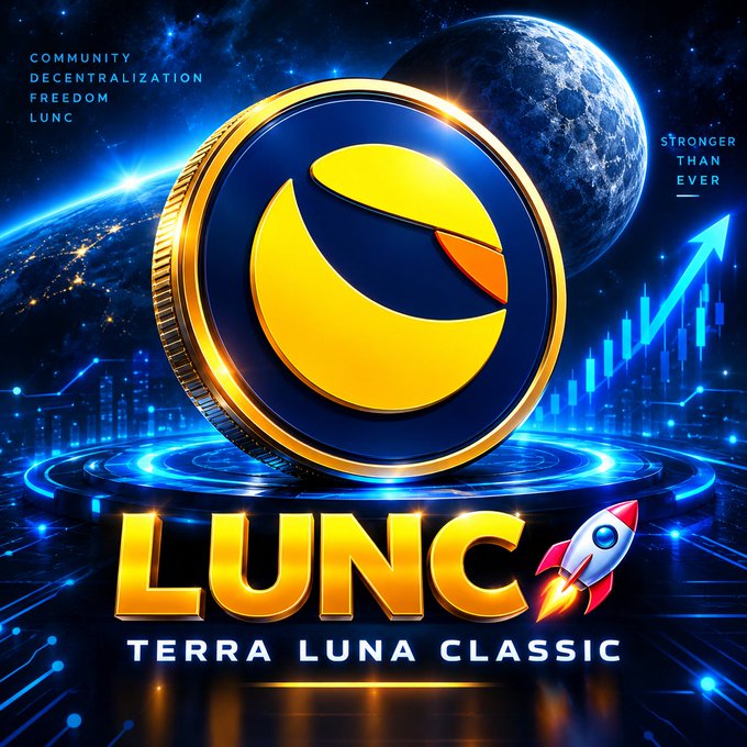 A promotional graphic for LUNC (Terra Luna Classic) cryptocurrency features a golden coin logo against a cosmic background with text 'COMMUNITY DECENTRALIZATION FREEDOM LUNC' and 'STRONGER THAN EVER'.