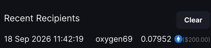 A "Recent Recipients" interface displays a transaction entry showing 0.07952 ETH ($200.00) sent to user "oxygen69" on 18 Sep 2026 at 11:42:19, with a Clear button visible. The image relates to the post by confirming that $200 was indeed sent, seemingly to a recipient named oxygen69 as part of the giveaway promotion.