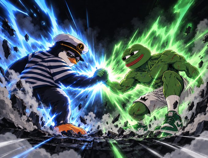 A muscular green frog and a fierce penguin captain in a striped shirt lock fists in an epic anime-style battle, with blue and green energy exploding around them as debris flies. The clash between the frog and penguin evokes the "Wojak vs. Pepe" meme rivalry, tying into the post's promotion for Pepemfers NFT holders.