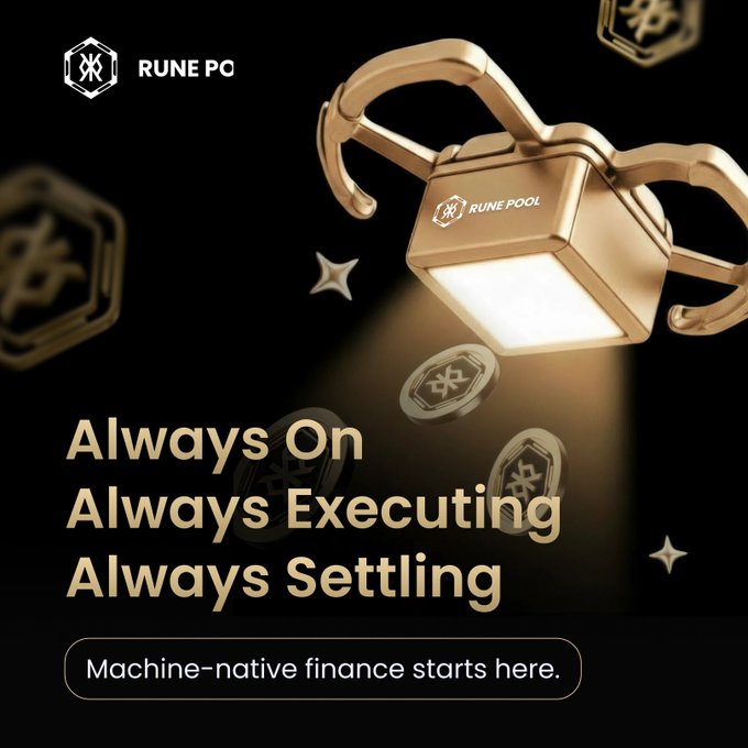 A sleek 3D render of a glowing gold padlock-shaped "RunePool" device emits a beam of light, surrounded by floating rune-etched tokens against a black background, with the text "Always On. Always Executing. Always Settling. Machine-native finance starts here." and the Rune Pool logo in the corner. The imagery visually reinforces the post's message of RunePool as an autonomous, always-active execution engine that keeps capital continuously moving and settling in real time.